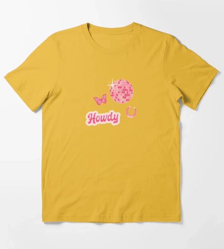Howdy Disco Cowgirl Collage Pattern T-Shirt Yellow
