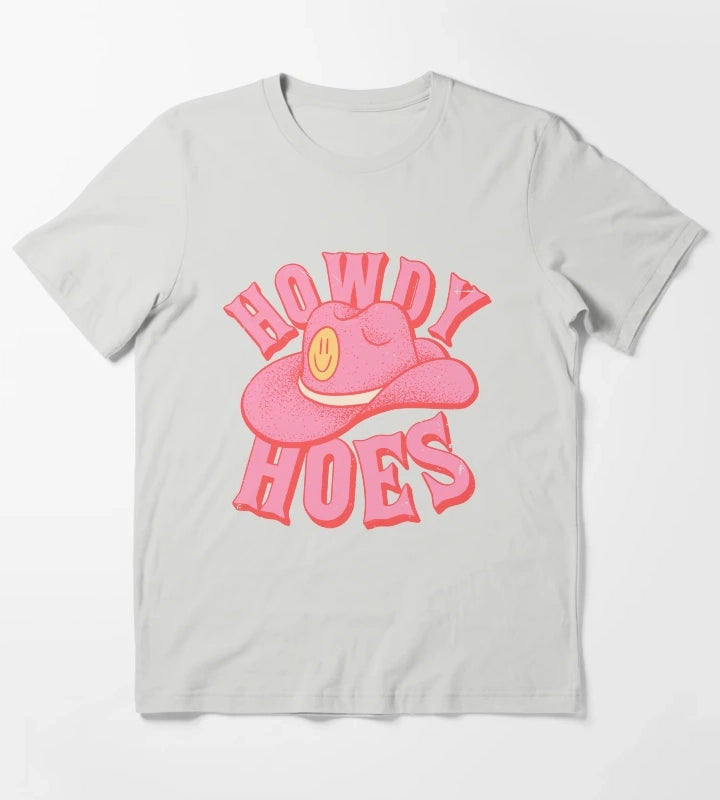 Howdy Hoes Pink Cowboy Cowgirl Rodeo Hat Preppy Aesthetic MEME HOWDY YALL Black Background T-Shirt Light Grey