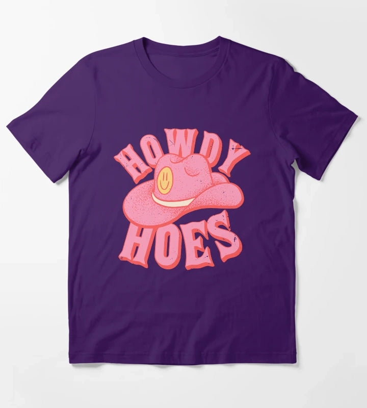 Howdy Hoes Pink Cowboy Cowgirl Rodeo Hat Preppy Aesthetic MEME HOWDY YALL Black Background T-Shirt Purple