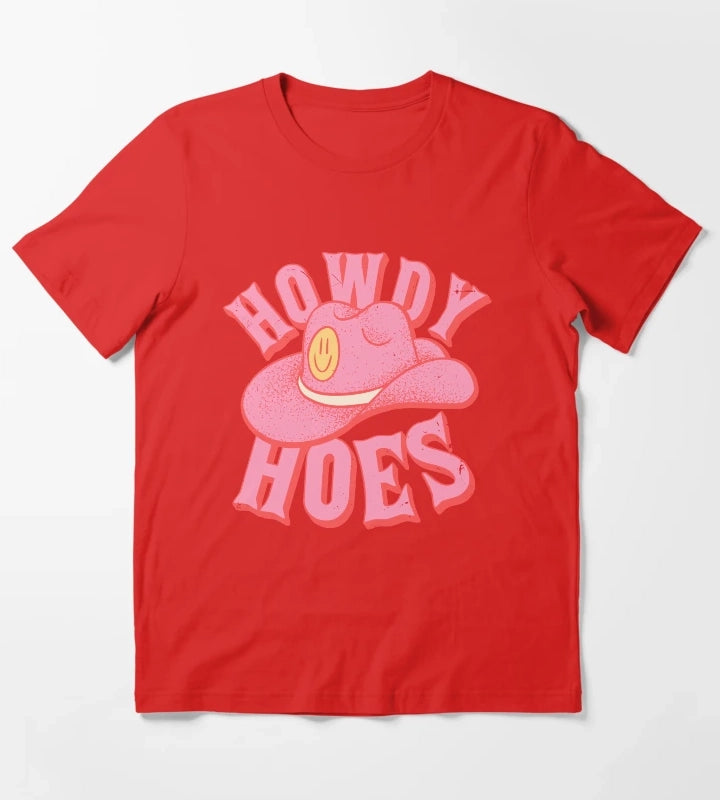 Howdy Hoes Pink Cowboy Cowgirl Rodeo Hat Preppy Aesthetic MEME HOWDY YALL Black Background T-Shirt Red