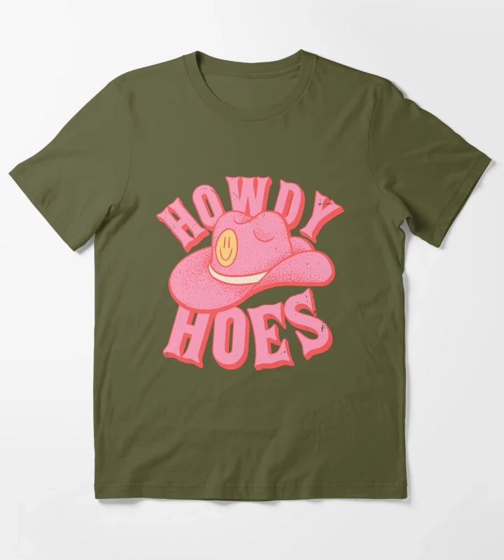 Howdy Hoes Pink Cowboy Cowgirl Rodeo Hat Preppy Aesthetic MEME HOWDY YALL Black Background T-Shirt Olive Green