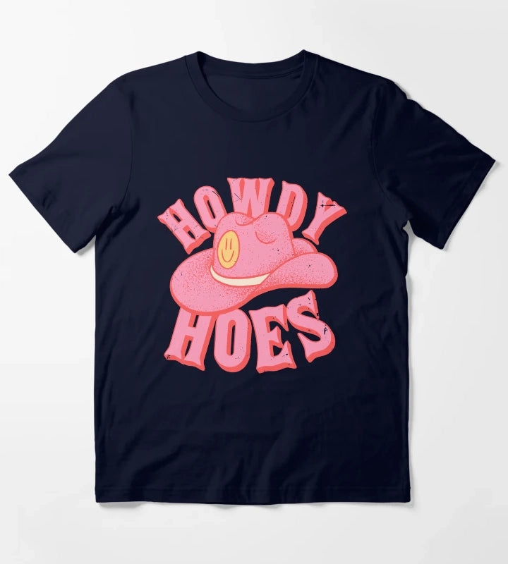 Howdy Hoes Pink Cowboy Cowgirl Rodeo Hat Preppy Aesthetic MEME HOWDY YALL Black Background T-Shirt Navy
