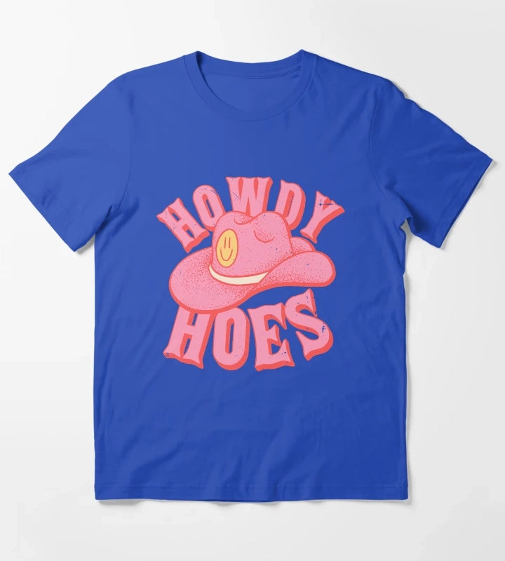 Howdy Hoes Pink Cowboy Cowgirl Rodeo Hat Preppy Aesthetic MEME HOWDY YALL Black Background T-Shirt Blue