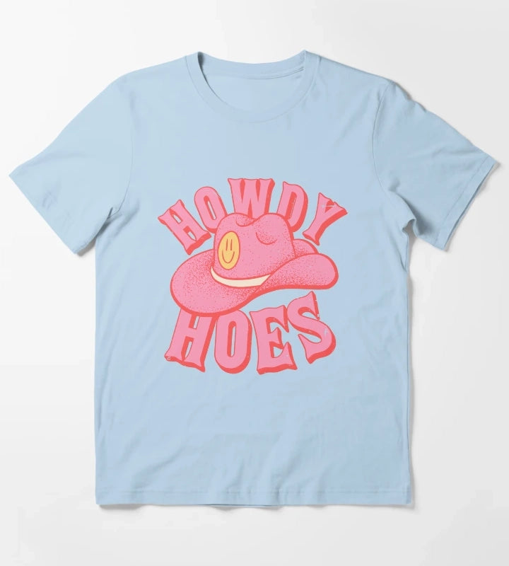 Howdy Hoes Pink Cowboy Cowgirl Rodeo Hat Preppy Aesthetic MEME HOWDY YALL Black Background T-Shirt Sky Blue