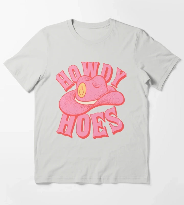 Howdy Hoes Pink Cowboy Cowgirl Rodeo Hat Preppy Aesthetic MEME HOWDY YALL White Background T-Shirt Light Grey