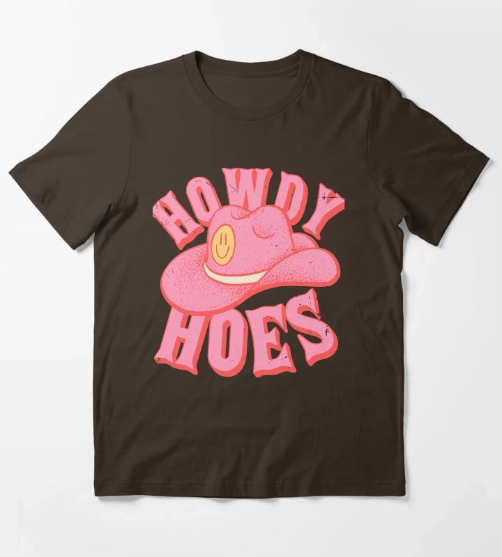 Howdy Hoes Pink Cowboy Cowgirl Rodeo Hat Preppy Aesthetic MEME HOWDY YALL White Background T-Shirt Brown