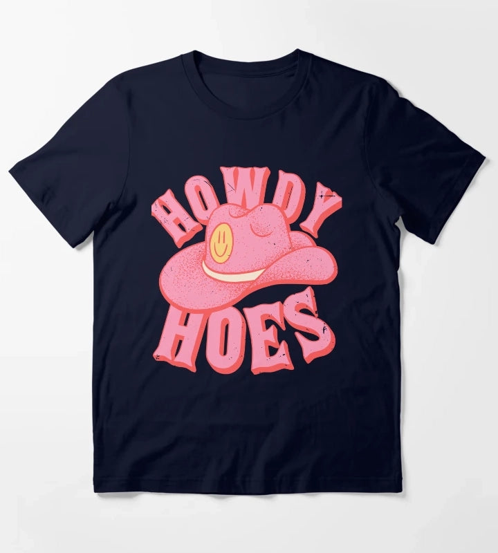Howdy Hoes Pink Cowboy Cowgirl Rodeo Hat Preppy Aesthetic MEME HOWDY YALL White Background T-Shirt Navy