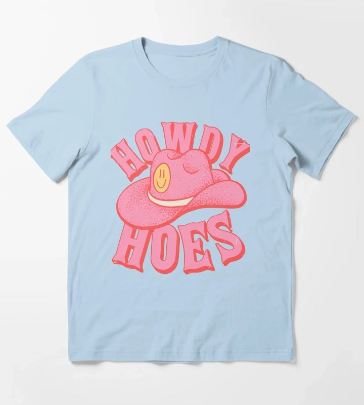 Howdy Hoes Pink Cowboy Cowgirl Rodeo Hat Preppy Aesthetic MEME HOWDY YALL White Background T-Shirt Sky Blue