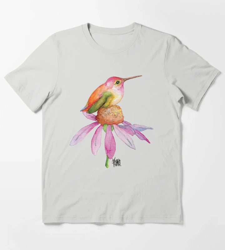 Hummingbird on Pink Daisy T-Shirt Light Grey