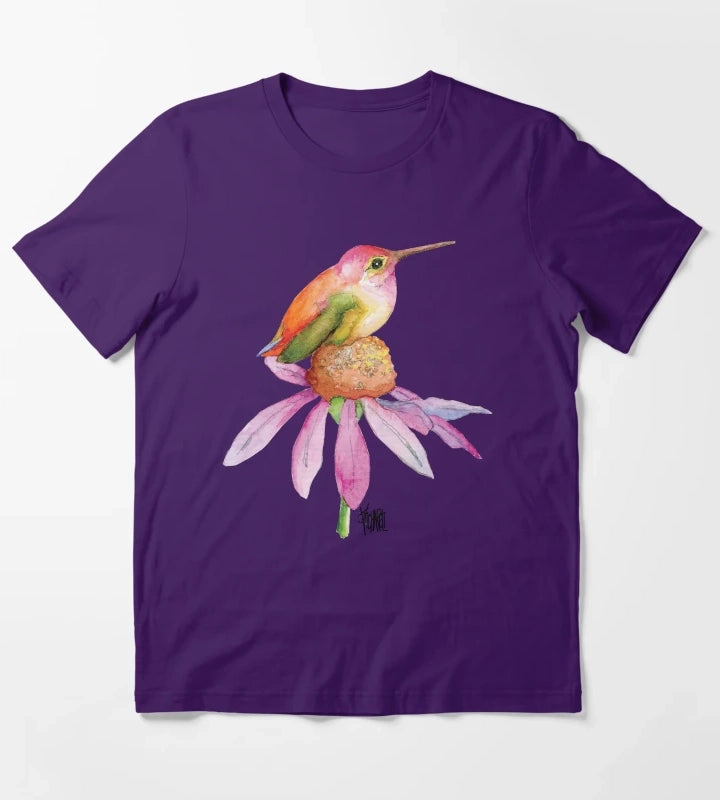 Hummingbird on Pink Daisy T-Shirt Purple