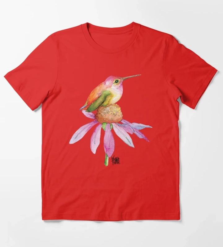 Hummingbird on Pink Daisy T-Shirt Red