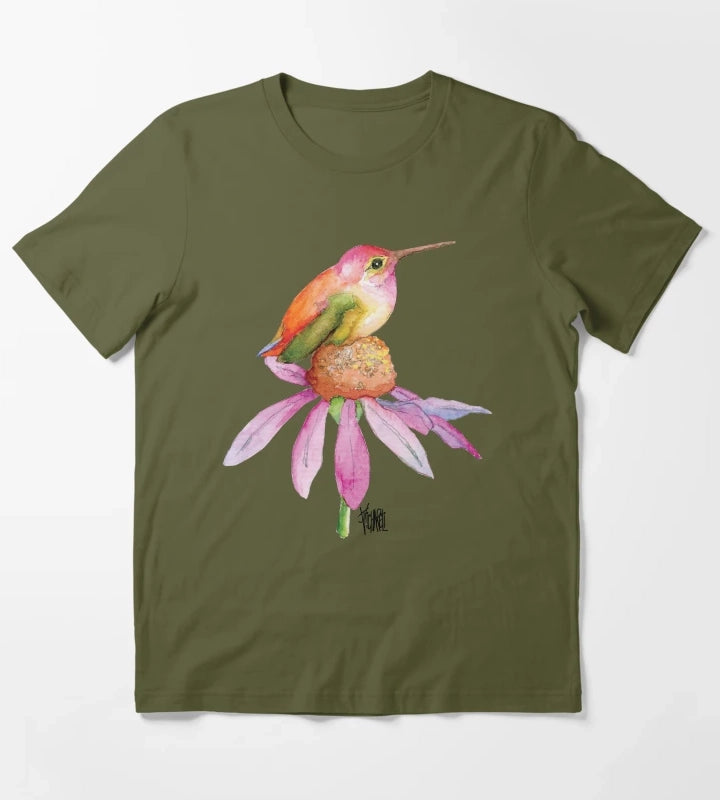 Hummingbird on Pink Daisy T-Shirt Olive Green