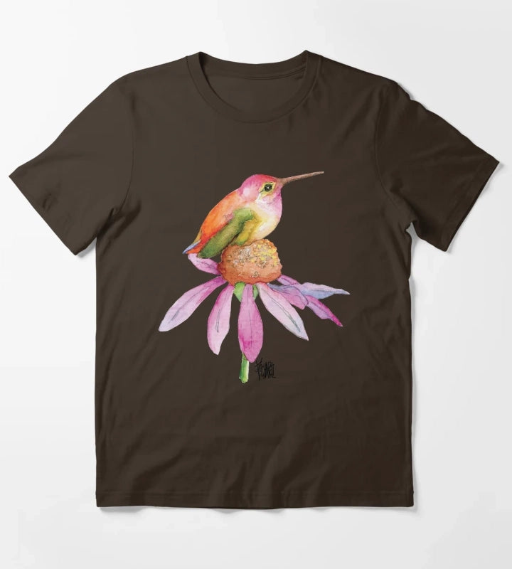 Hummingbird on Pink Daisy T-Shirt Brown