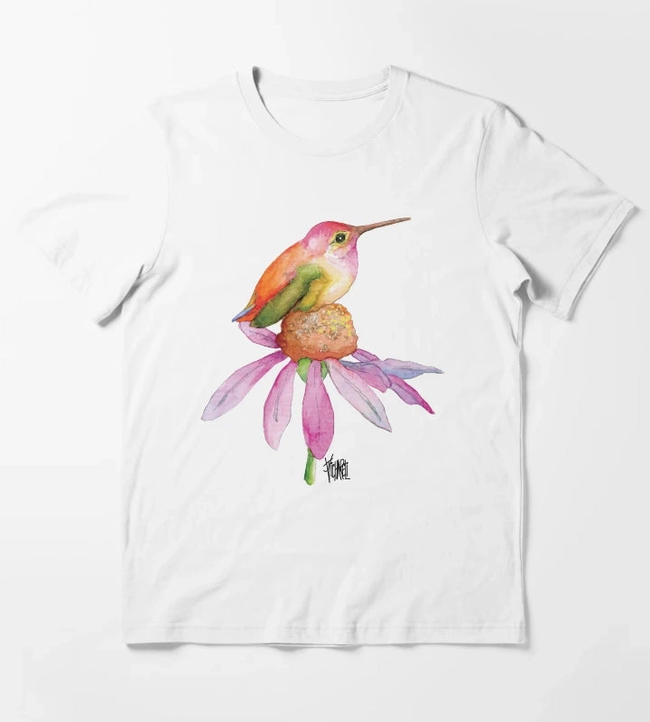 Hummingbird on Pink Daisy T-Shirt White