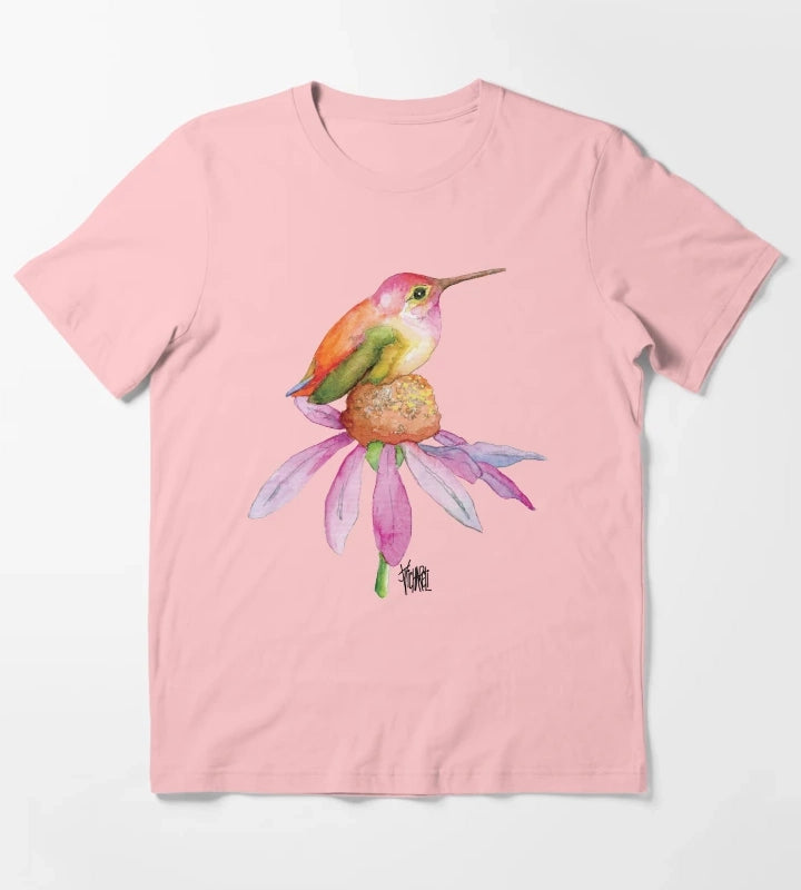 Hummingbird on Pink Daisy T-Shirt Dark Grey