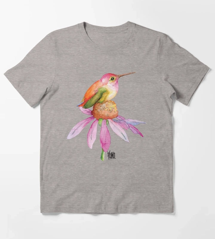 Hummingbird on Pink Daisy T-Shirt Heather Grey
