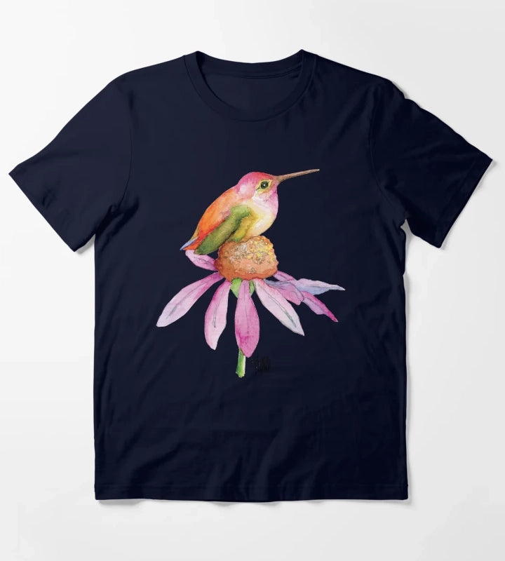 Hummingbird on Pink Daisy T-Shirt Navy