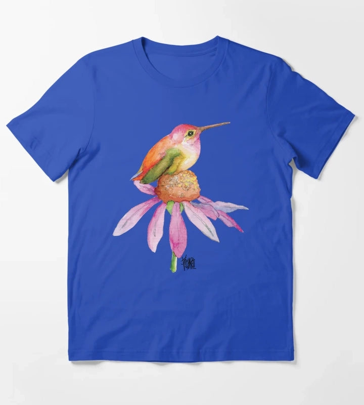 Hummingbird on Pink Daisy T-Shirt Blue