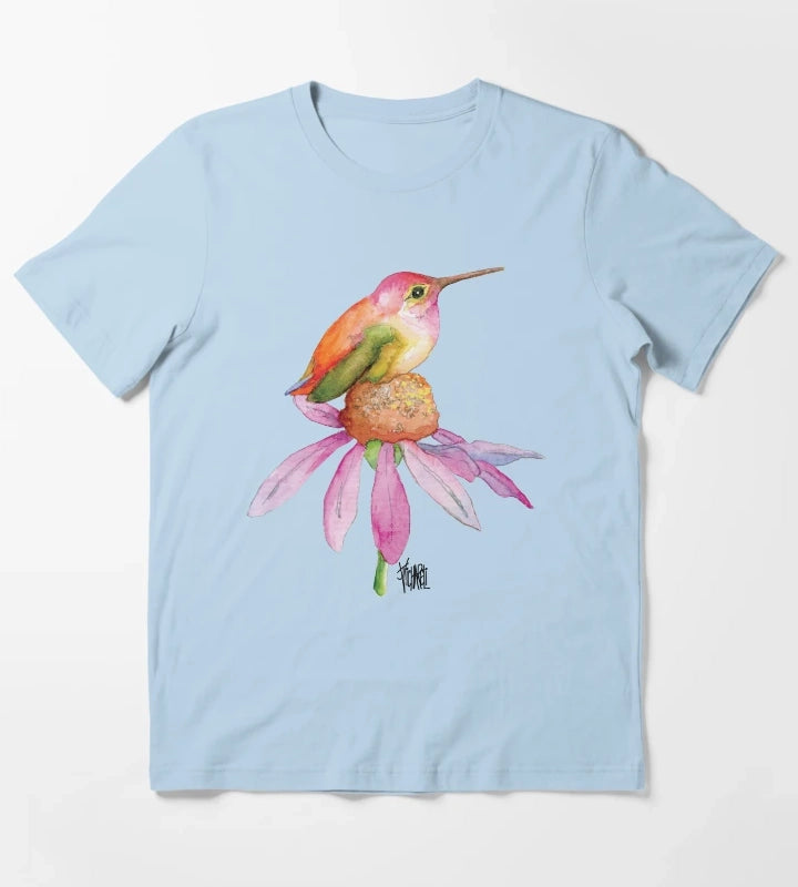 Hummingbird on Pink Daisy T-Shirt Sky Blue