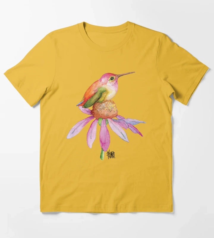 Hummingbird on Pink Daisy T-Shirt Yellow