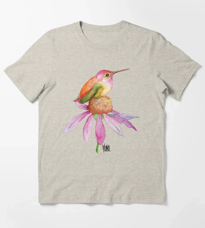 Hummingbird on Pink Daisy T-Shirt Cream