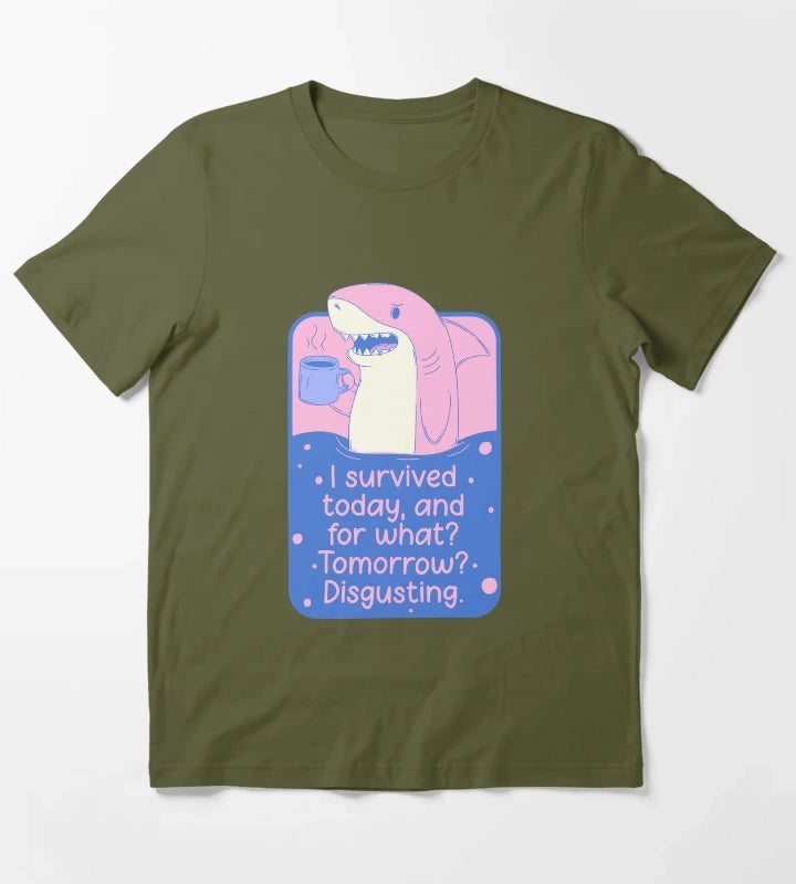 I Survived Today Shark Meme T-Shirt Olive Green