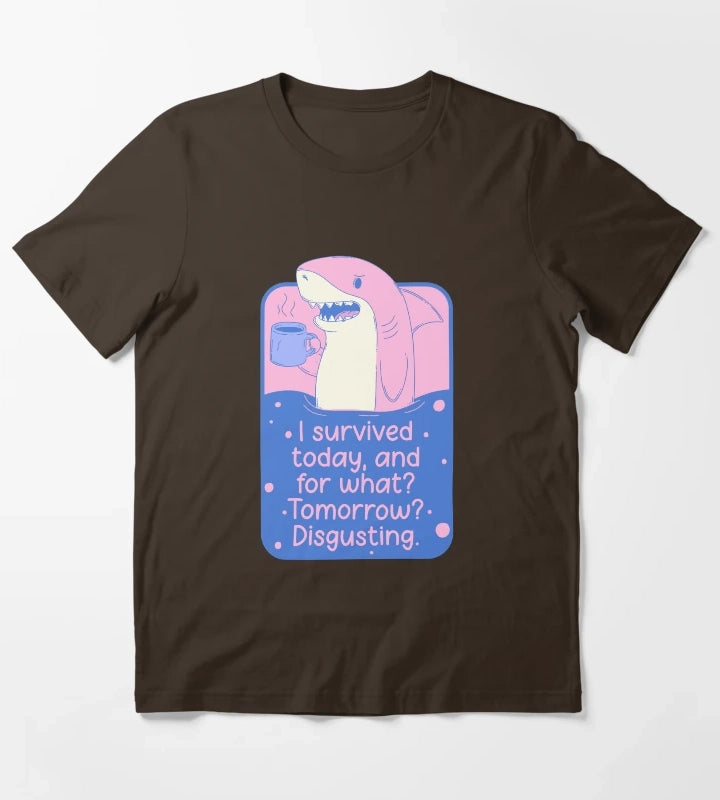 I Survived Today Shark Meme T-Shirt Brown