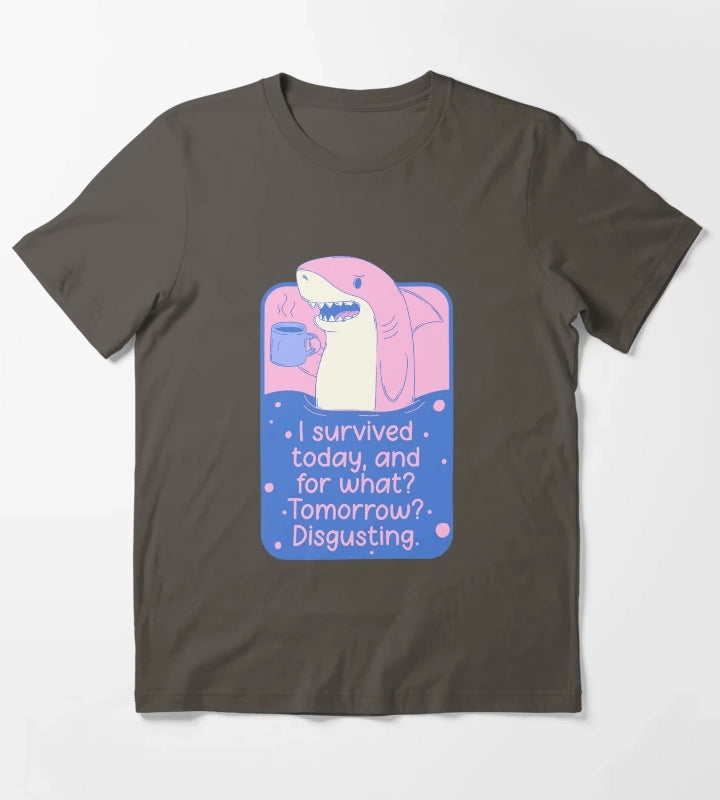 I Survived Today Shark Meme T-Shirt Dark Grey