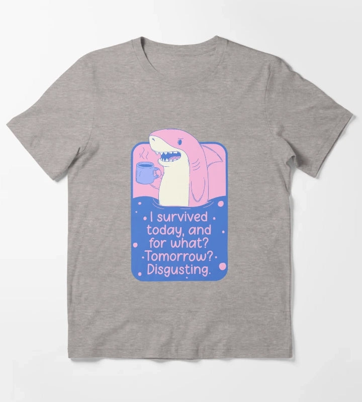 I Survived Today Shark Meme T-Shirt Heather Grey