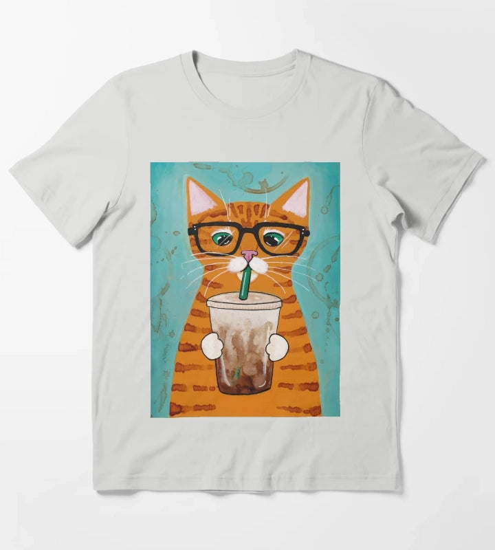 Iced Coffee Cat T-Shirt Light Grey