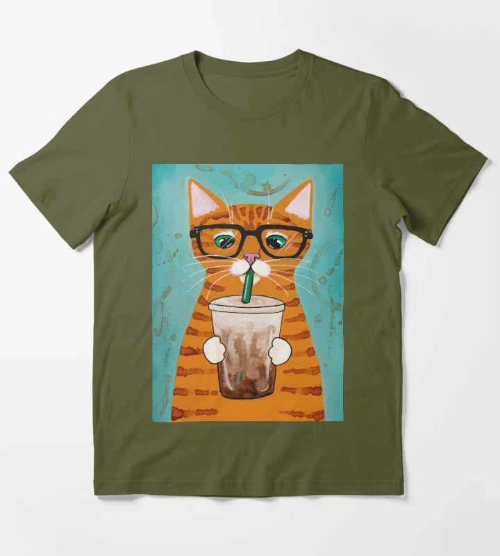 Iced Coffee Cat T-Shirt Olive Green