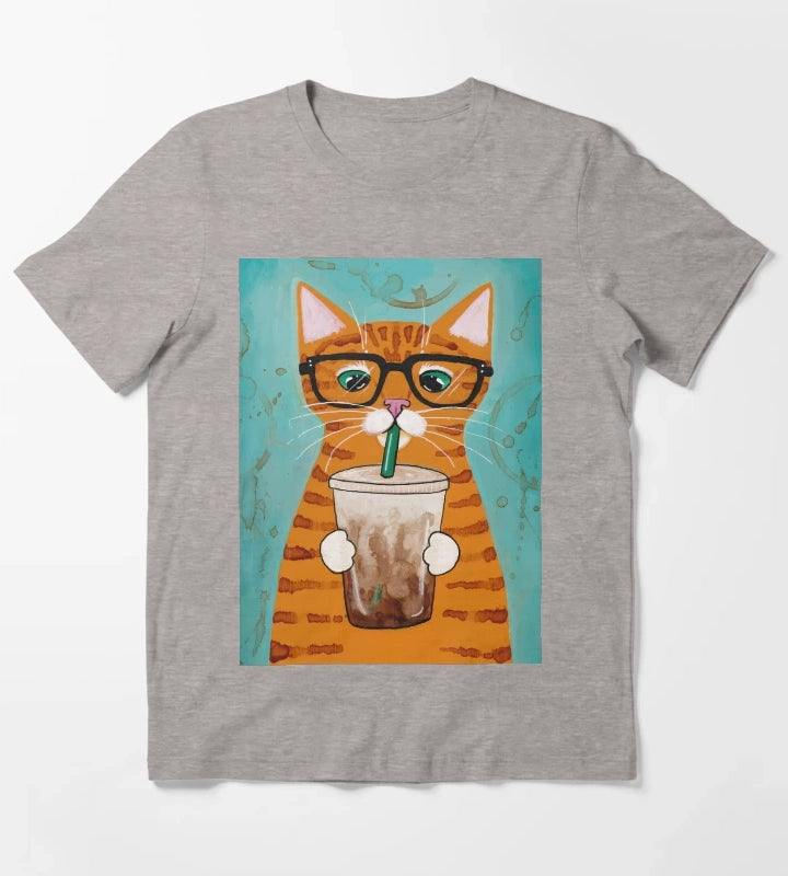 Iced Coffee Cat T-Shirt Heather Grey