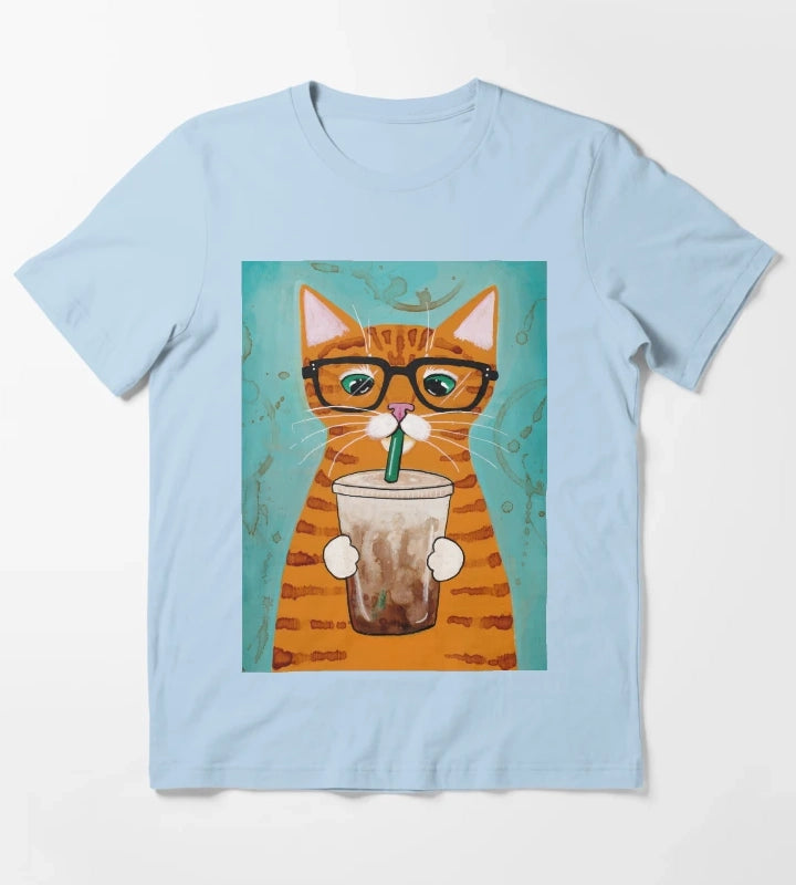 Iced Coffee Cat T-Shirt Sky Blue