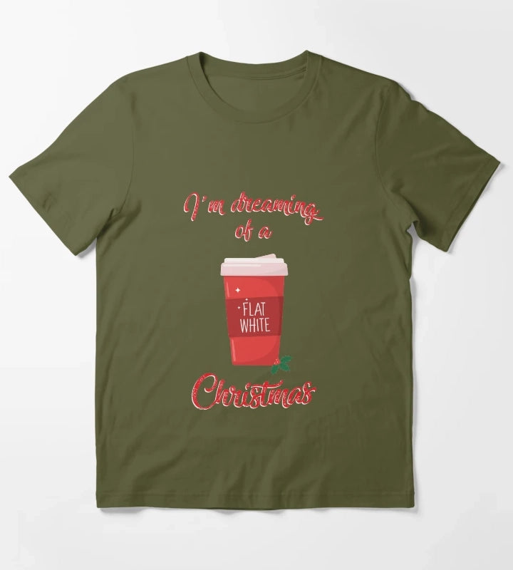 Im Dreaming of a Flat White Christmas Funny Coffee Lover Pun T-Shirt Olive Green