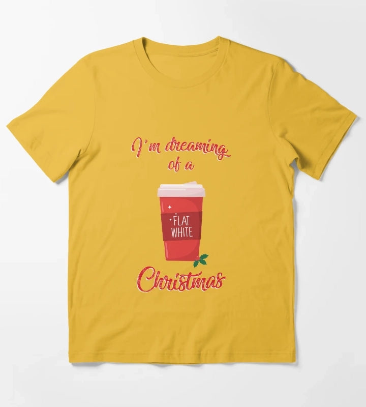 Im Dreaming of a Flat White Christmas Funny Coffee Lover Pun T-Shirt Yellow