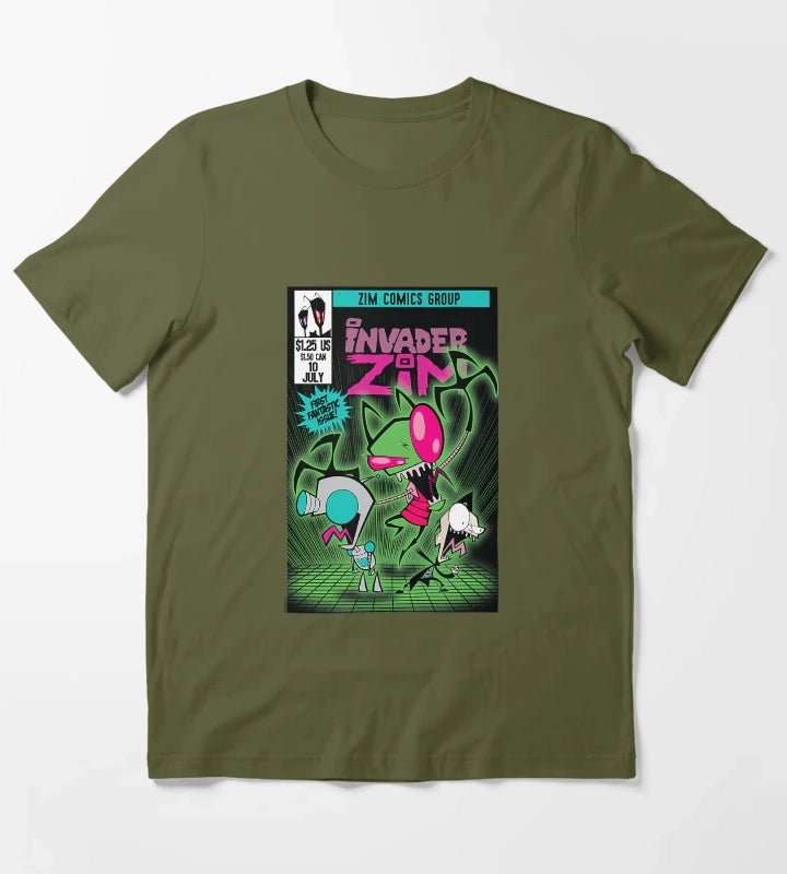 Invader Zim Comic Book Retro Cartoon Graphic Design T-Shirt Olive Green