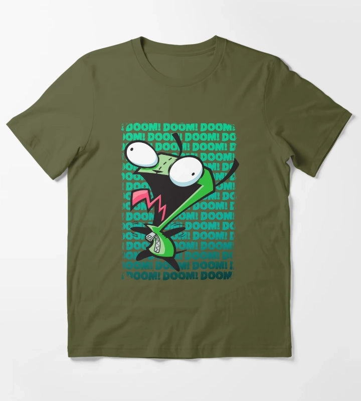 Invader Zim GIR Impending DOOM Logo Background T-Shirt Olive Green