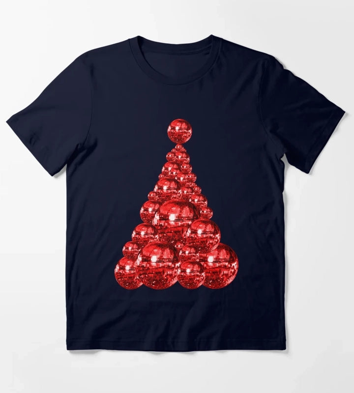Jolly Red Disco Ball Christmas Tree T-Shirt Navy