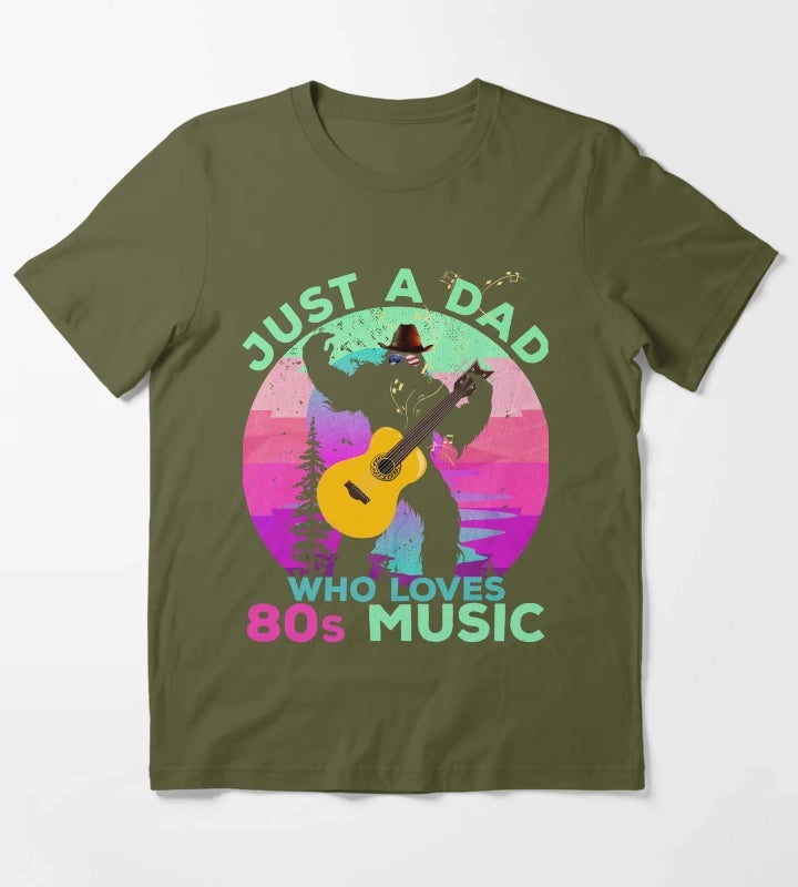 Just Dad Who Loves 80s Music Funny Retro Bigfoot Disco Lover T-Shirt Olive Green
