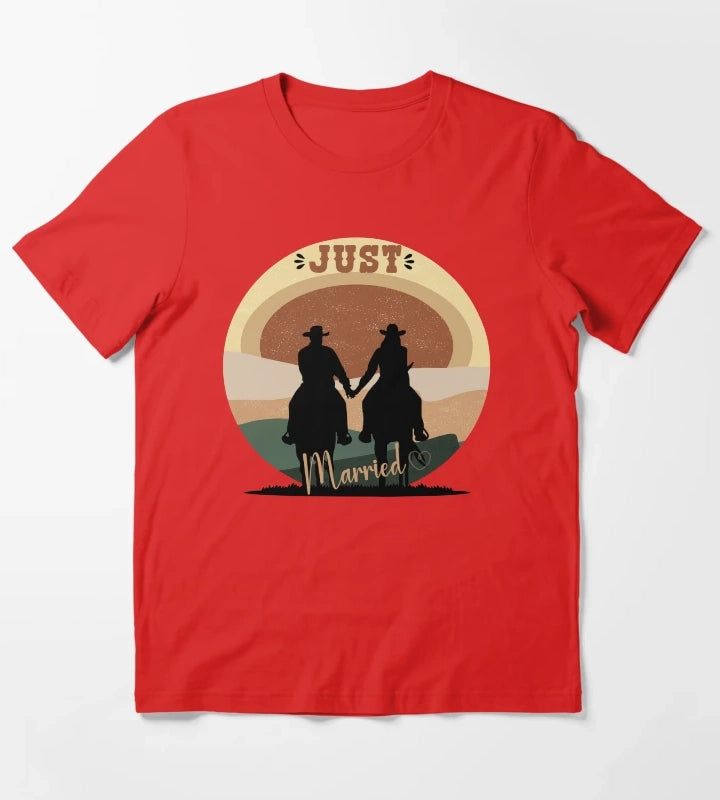 Just Married Cowboy Couple On Horseback T-Shirt Red