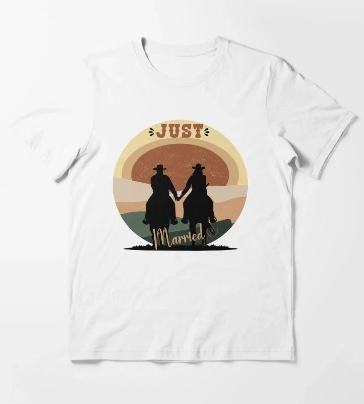 Just Married Cowboy Couple On Horseback T-Shirt White