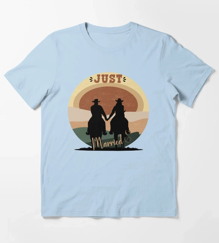 Just Married Cowboy Couple On Horseback T-Shirt Sky Blue
