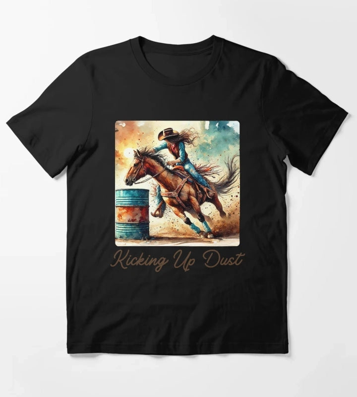 Kicking Up Dust Cowgirl Barrel Racing on Her Horse T-Shirt