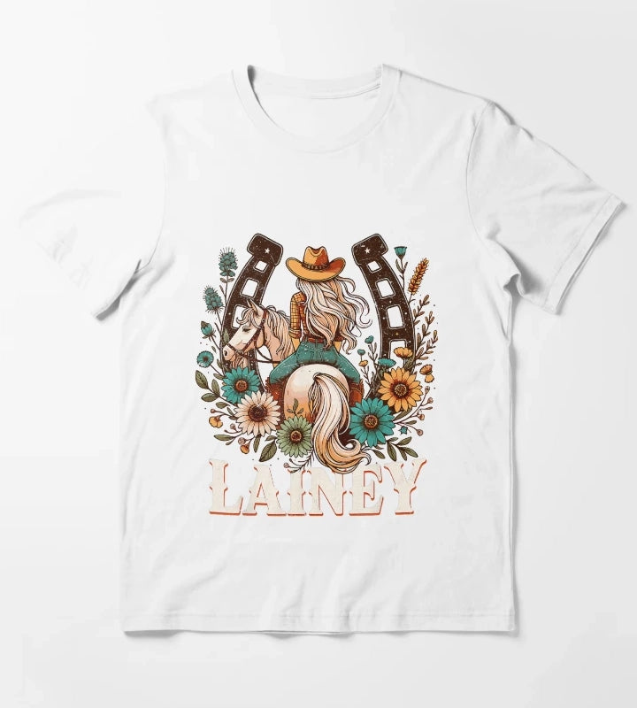 Lainey Cowgirl Riding Horse Western Floral Gift T-Shirt White