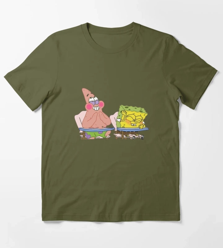 Laughing Spongebob and Patrick T-Shirt Olive Green