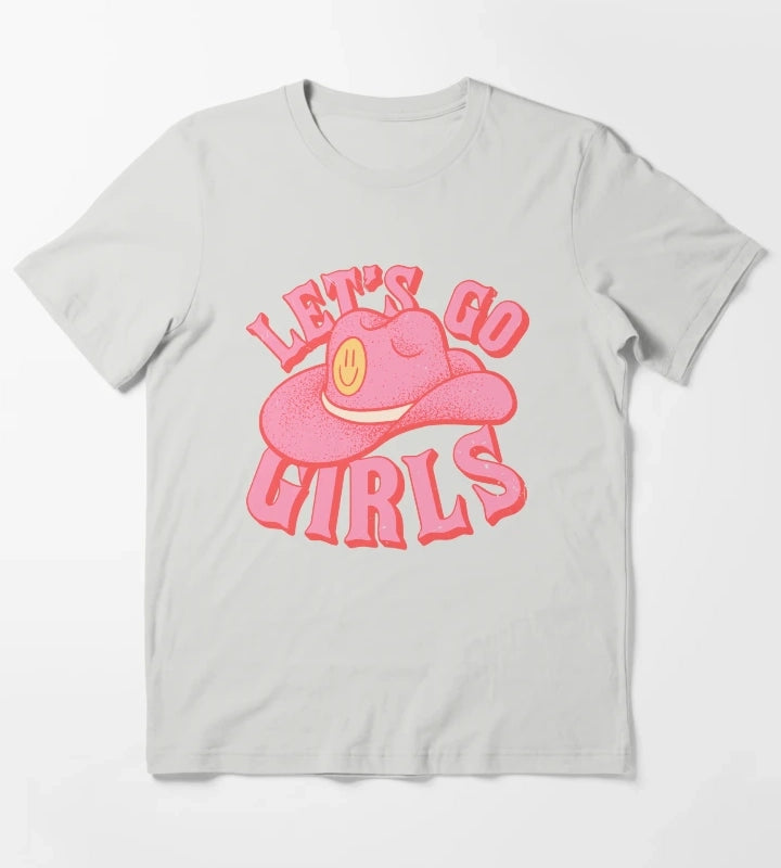 Lets Go Girls Pink Cowboy Cowgirl Rodeo Hat Preppy Aesthetic Bachelorette Party HOWDY YALL White Background T-Shirt Light Grey