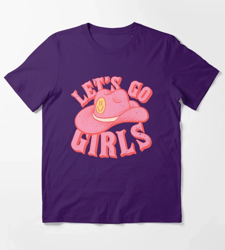 Lets Go Girls Pink Cowboy Cowgirl Rodeo Hat Preppy Aesthetic Bachelorette Party HOWDY YALL White Background T-Shirt Purple