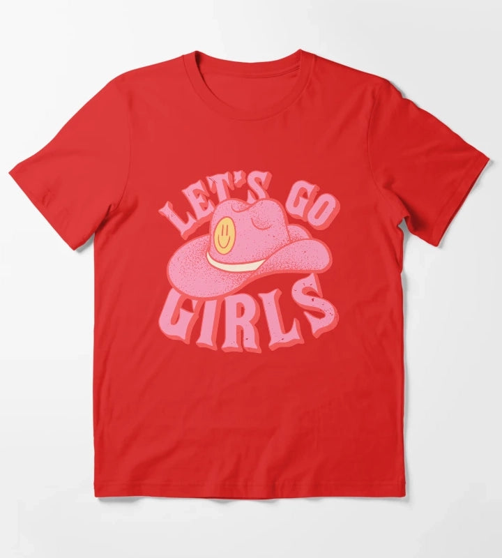 Lets Go Girls Pink Cowboy Cowgirl Rodeo Hat Preppy Aesthetic Bachelorette Party HOWDY YALL White Background T-Shirt Red