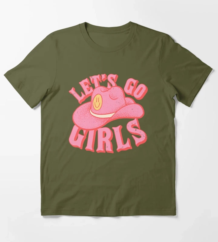 Lets Go Girls Pink Cowboy Cowgirl Rodeo Hat Preppy Aesthetic Bachelorette Party HOWDY YALL White Background T-Shirt Olive Green