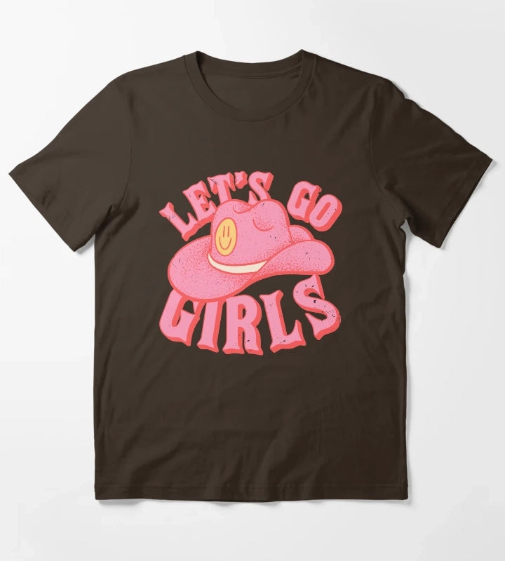 Lets Go Girls Pink Cowboy Cowgirl Rodeo Hat Preppy Aesthetic Bachelorette Party HOWDY YALL White Background T-Shirt Brown